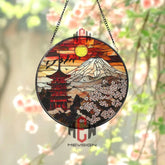 Mount Fuji Sunset Suncatcher Japanese Pagoda Stained Glass Sakura Flower Window Hanging Oriental Decor Gift Asian
